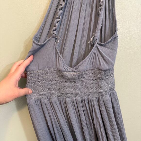 Free People Braided Halter Maxi Dress Large Gray Boho Casual Summer Gauze A-Line - Picture 5 of 12